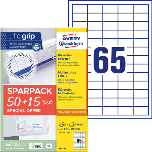 AVERY Zweckform Etiketten weiß 38,0 x 21,2 mm | 6121-65 | 1 Pack = 65 Blatt