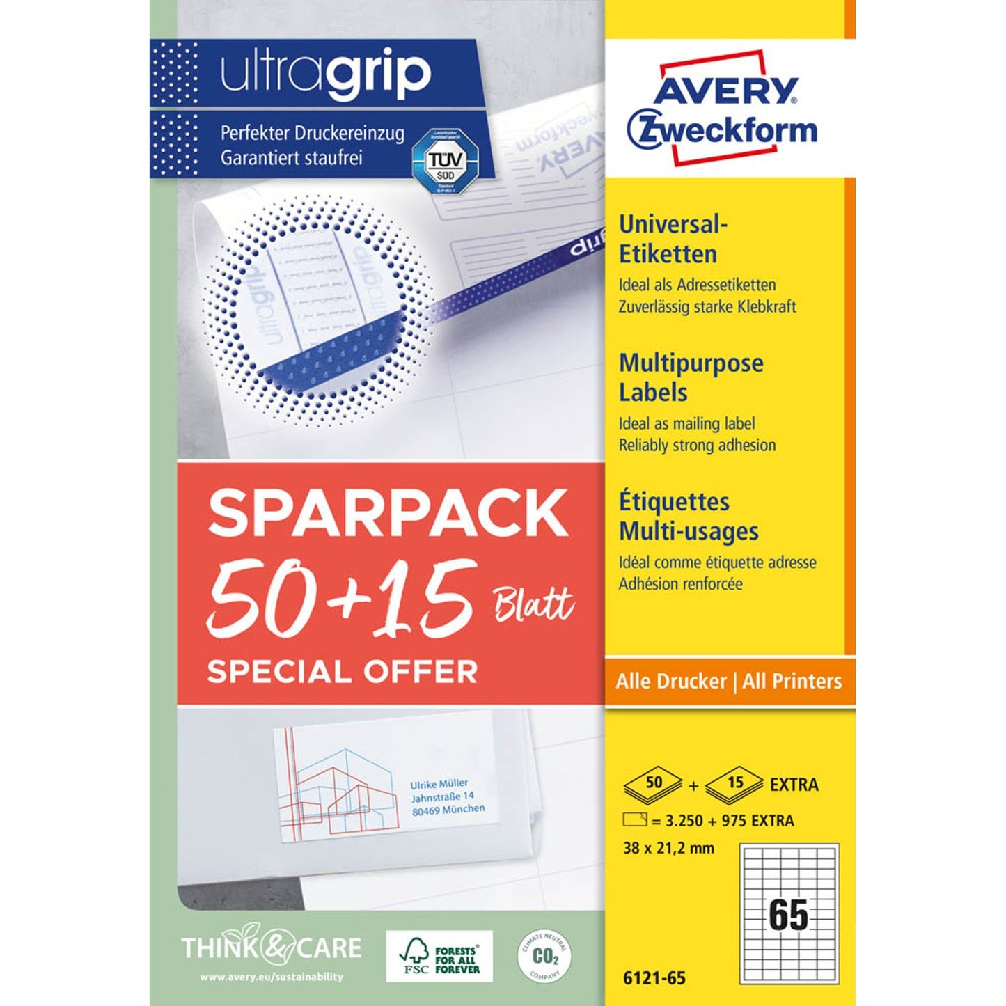 AVERY Zweckform Etiketten weiß 38,0 x 21,2 mm | 6121-65 | 1 Pack = 65 Blatt