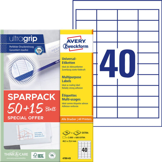 AVERY Zweckform Etiketten weiß 48,5 x 25,4 mm | 4780-65 | 1 Pack = 65 Blatt