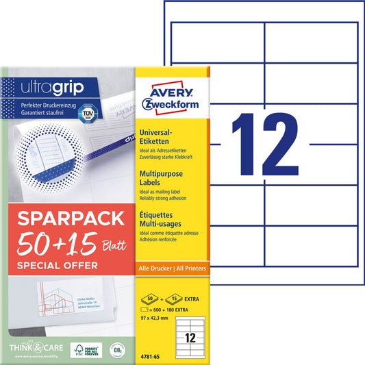 AVERY Zweckform Etiketten weiß 97,0 x 42,3 mm | 4781-65 | 1 Pack = 65 Blatt