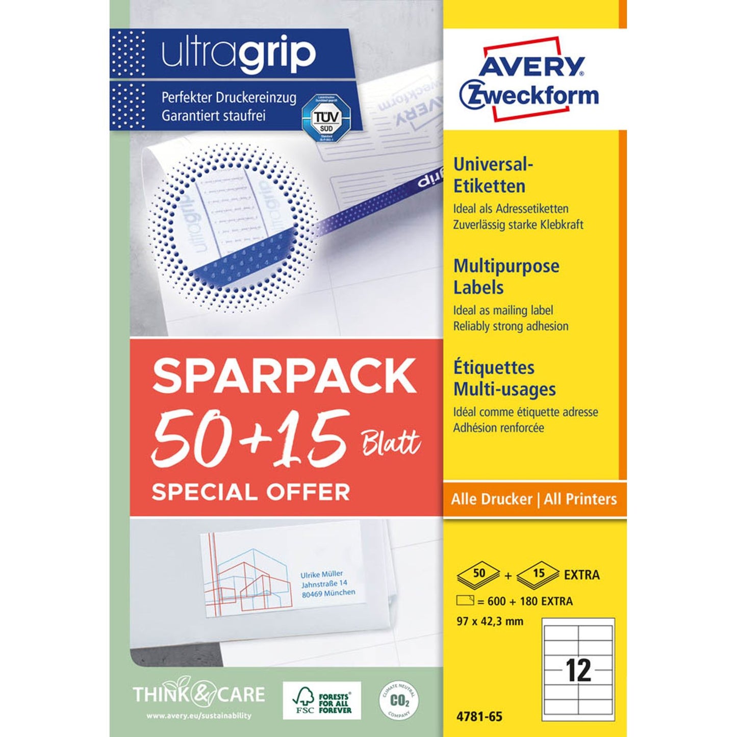 AVERY Zweckform Etiketten weiß 97,0 x 42,3 mm | 4781-65 | 1 Pack = 65 Blatt