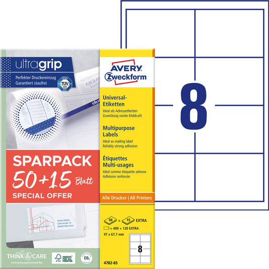 AVERY Zweckform Etiketten weiß 97,0 x 67,7 mm | 4782-65 | 1 Pack = 65 Blatt
