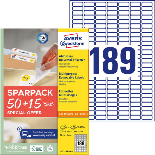 AVERY Zweckform Etiketten weiß 25,4 x 10,0 mm | L4731REV-65 | 1 Pack = 65 Blatt