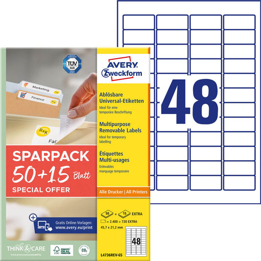 AVERY Zweckform Etiketten weiß 45,7 x 21,2 mm | L4736REV-65 | 1 Pack = 65 Blatt