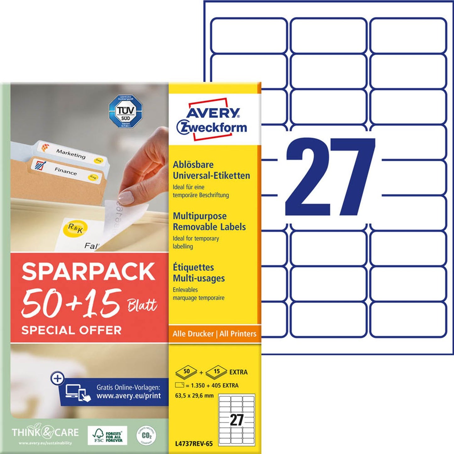AVERY Zweckform Etiketten weiß 63,5 x 29,6 mm | L4737REV-65 | 1 Pack = 65 Blatt