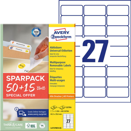 AVERY Zweckform Etiketten weiß 63,5 x 29,6 mm | L4737REV-65 | 1 Pack = 65 Blatt