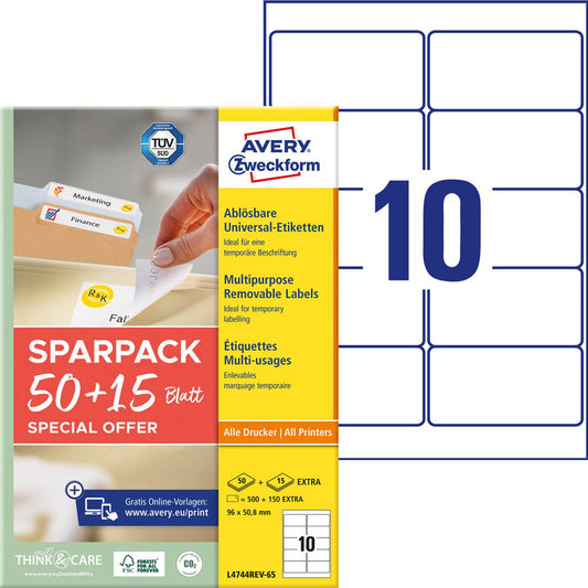 AVERY Zweckform Etiketten weiß 96,0 x 50,8 mm | L4744REV-65 | 1 Pack = 65 Blatt