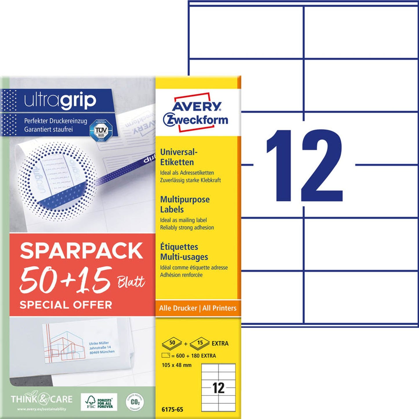 AVERY Zweckform Etiketten weiß 105,0 x 48,0 mm | 6175-65 | 1 Pack = 65 Blatt