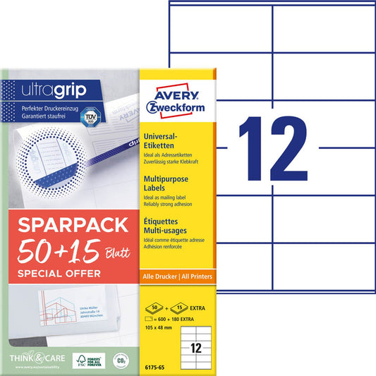 AVERY Zweckform Etiketten weiß 105,0 x 48,0 mm | 6175-65 | 1 Pack = 65 Blatt