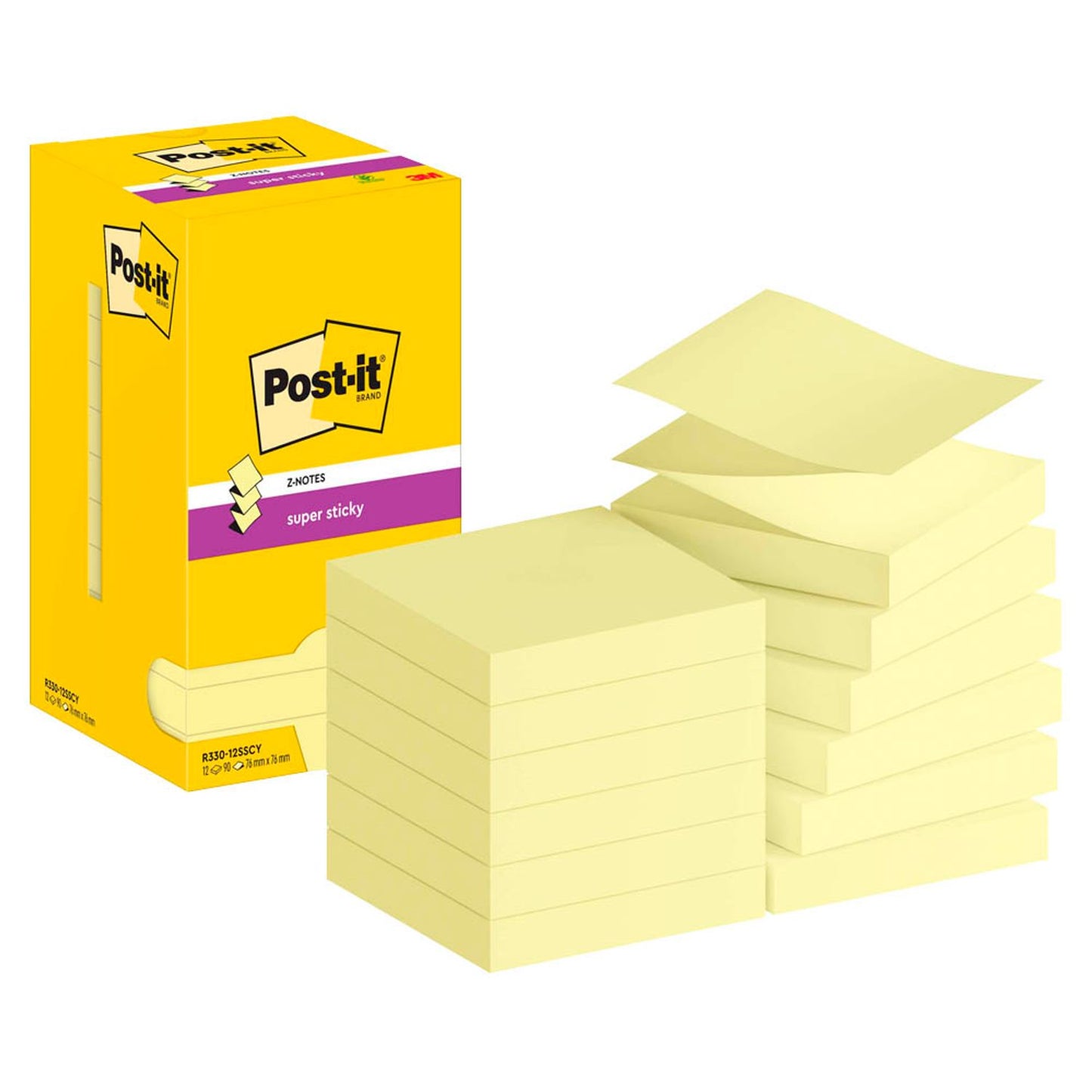 Post-it® Super Sticky Z-Notes Haftnotizen extrastark R33012SY gelb, 12 Blöcke | 7100290161 | 1 Pack = 12 Blöcke