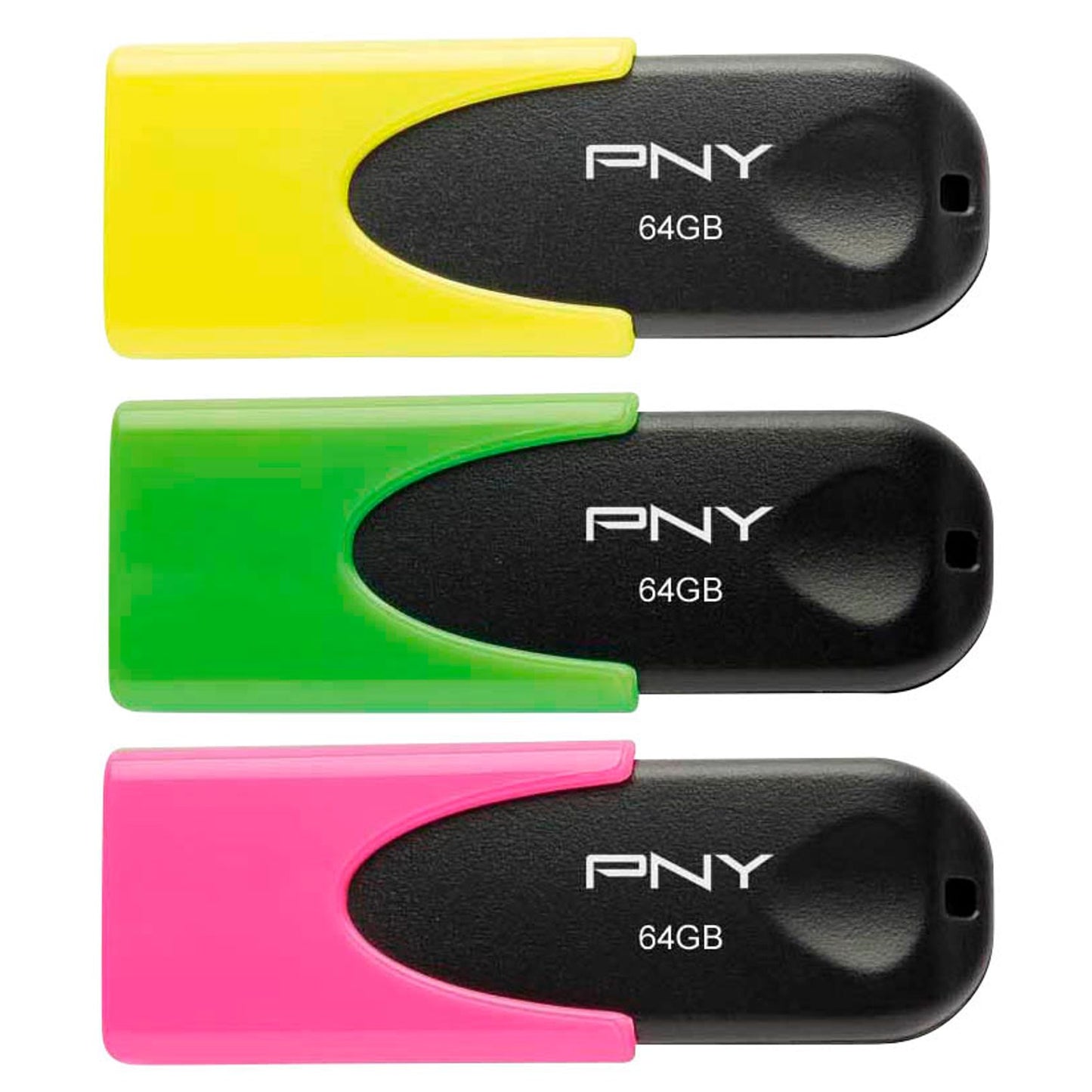 PNY USB-Sticks NEO Edition gelb, grün, pink 64 GB | FD64GATT4NEOYGPX3-EF | 1 Pack = 3 St.