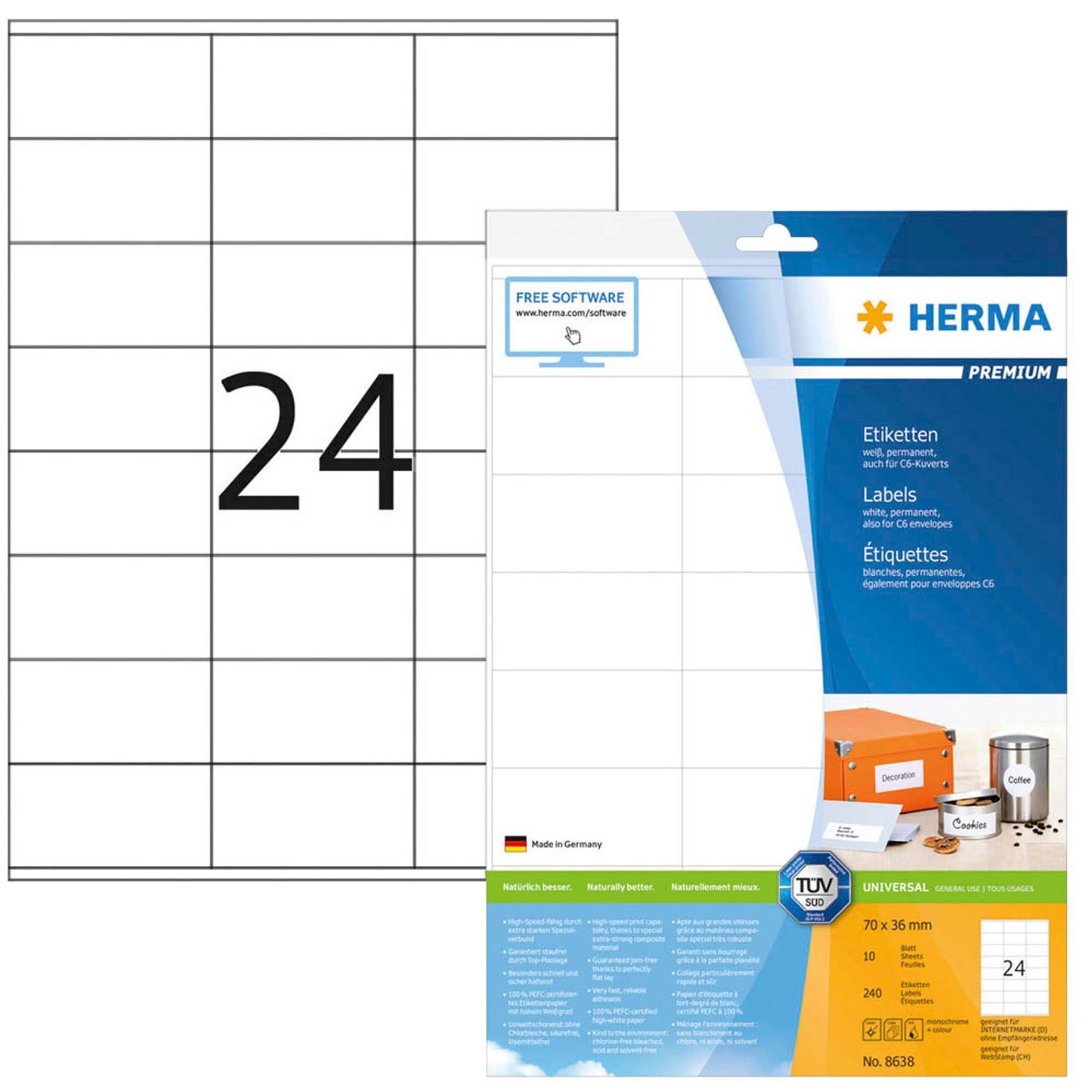 HERMA Etiketten weiß 70,0 x 36,0 mm | 8638 | 1 Pack = 10 Blatt