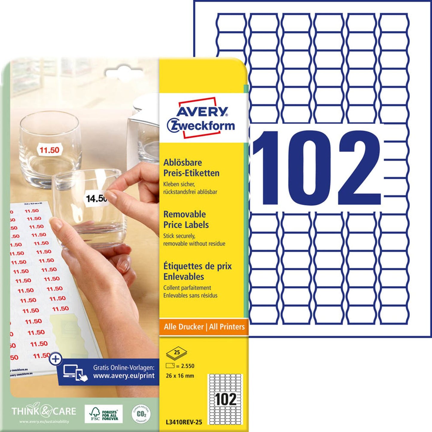 AVERY Zweckform Preisetiketten weiß ablösbar 26,0 x 16,0 mm | L3410REV-25 | 1 Pack = 25 Blatt