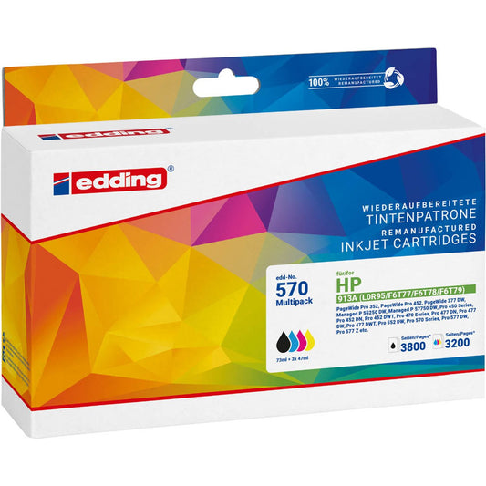 edding EDD-570 schwarz, cyan, magenta, gelb Druckerpatronen kompatibel zu HP 913A (L0R95AE, F6T77AE, F6T78AE, F6T79AE), 4er-Set | 18-570 | 1 Pack = 4 St.
