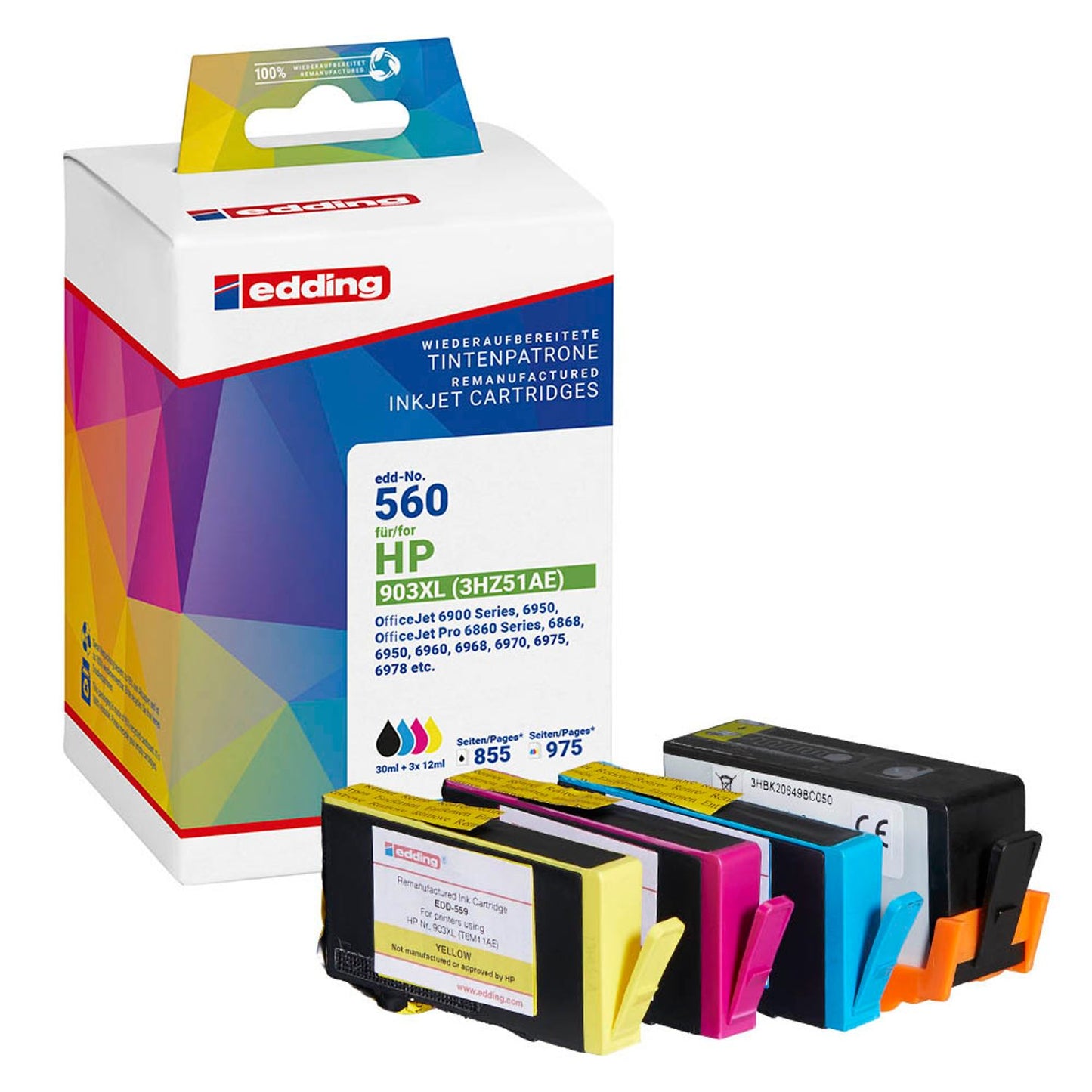 edding EDD-560 schwarz, cyan, magenta, gelb Druckerpatronen kompatibel zu HP 903XL (3HZ51AE), 4er-Set | 18-560 | 1 Pack = 4 St.