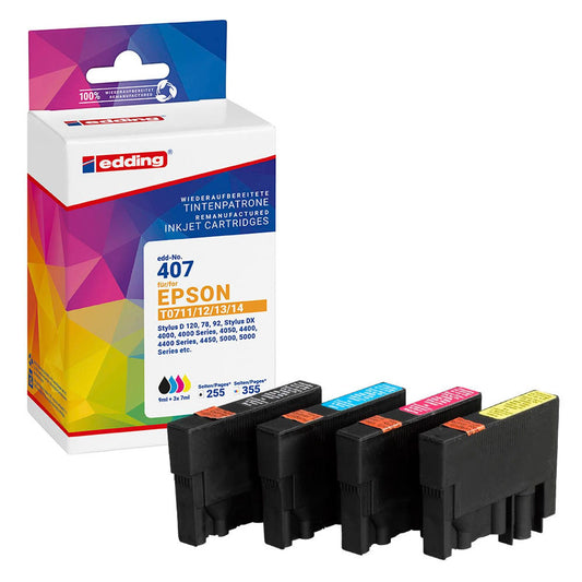 edding EDD-407 schwarz, cyan, magenta, gelb Druckerpatronen kompatibel zu EPSON T0715, 4er-Set | 18-407/18-407-01 | 1 Pack = 4 St.