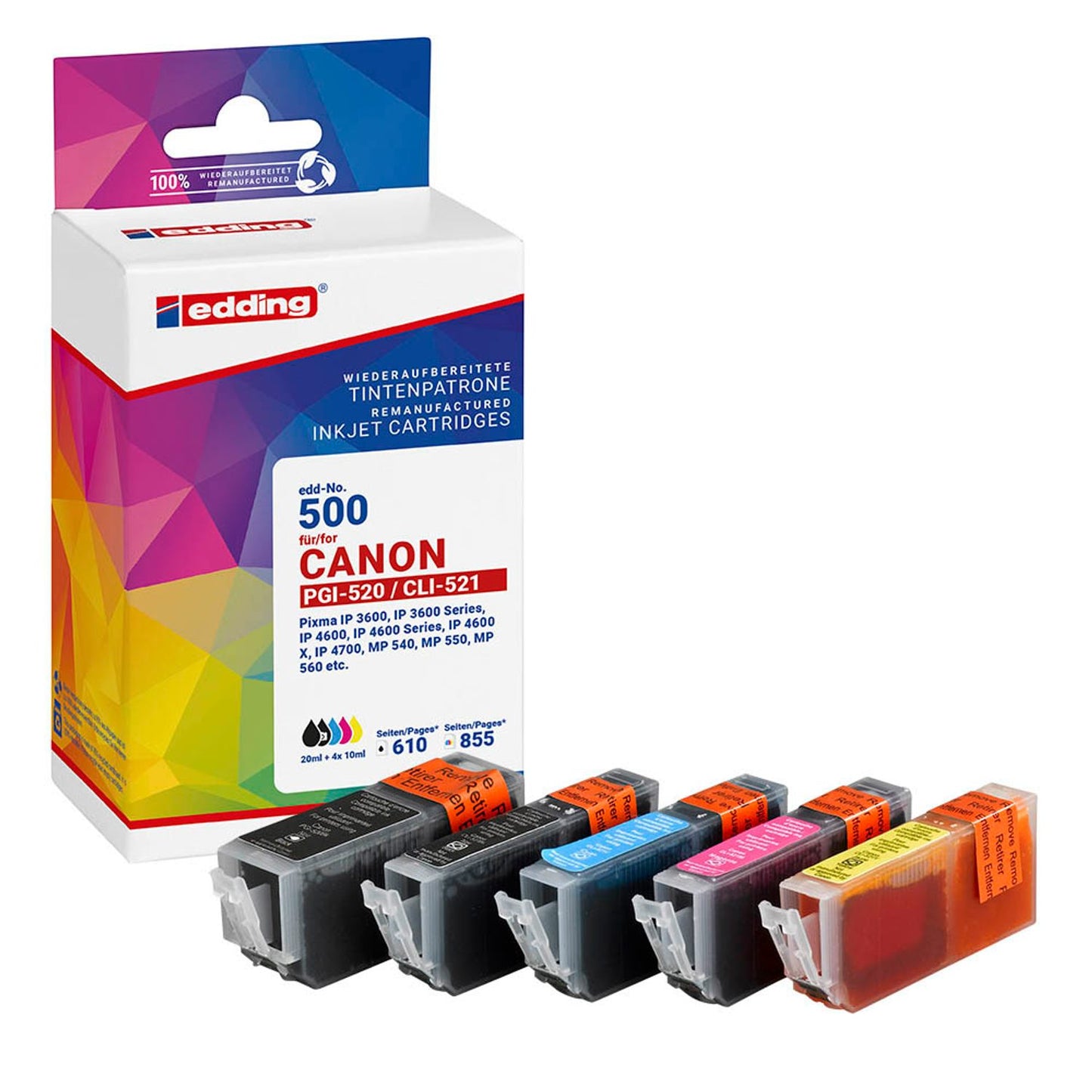 edding EDD-500 schwarz, cyan, magenta, gelb Druckerpatronen kompatibel zu Canon PGI-520 BK, CLI-521 BK/C/M/Y, 5er-Set | 18-500/18-500-01 | 1 Pack = 5 St.