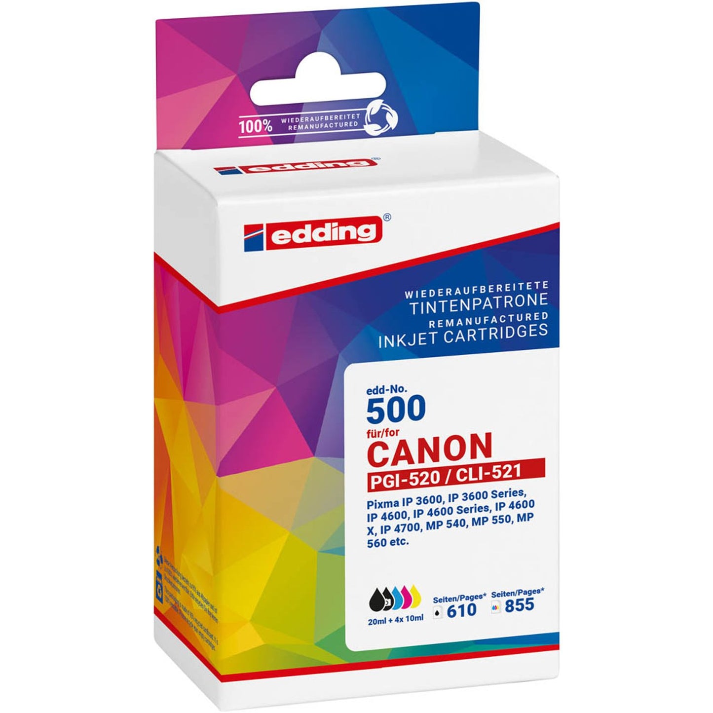 edding EDD-500 schwarz, cyan, magenta, gelb Druckerpatronen kompatibel zu Canon PGI-520 BK, CLI-521 BK/C/M/Y, 5er-Set | 18-500/18-500-01 | 1 Pack = 5 St.