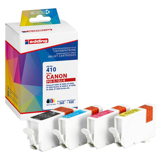 edding EDD-410 schwarz, cyan, magenta, gelb Druckerpatronen kompatibel zu Canon PGI-5 BK, CLI-8 C/M/Y, 4er-Set | 18-410/18-410-01 | 1 Pack = 4 St.
