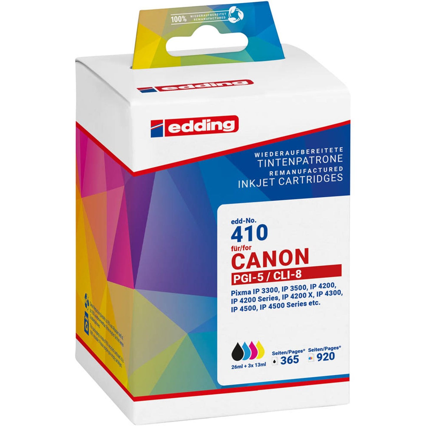 edding EDD-410 schwarz, cyan, magenta, gelb Druckerpatronen kompatibel zu Canon PGI-5 BK, CLI-8 C/M/Y, 4er-Set | 18-410/18-410-01 | 1 Pack = 4 St.