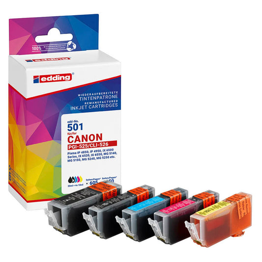 edding EDD-501 2x schwarz, cyan, magenta, gelb Druckerpatronen kompatibel zu Canon PGI-525 BK, CLI-526 BK/C/M/Y, 5er-Set | 18-501/18-501-01 | 1 Pack = 5 St.