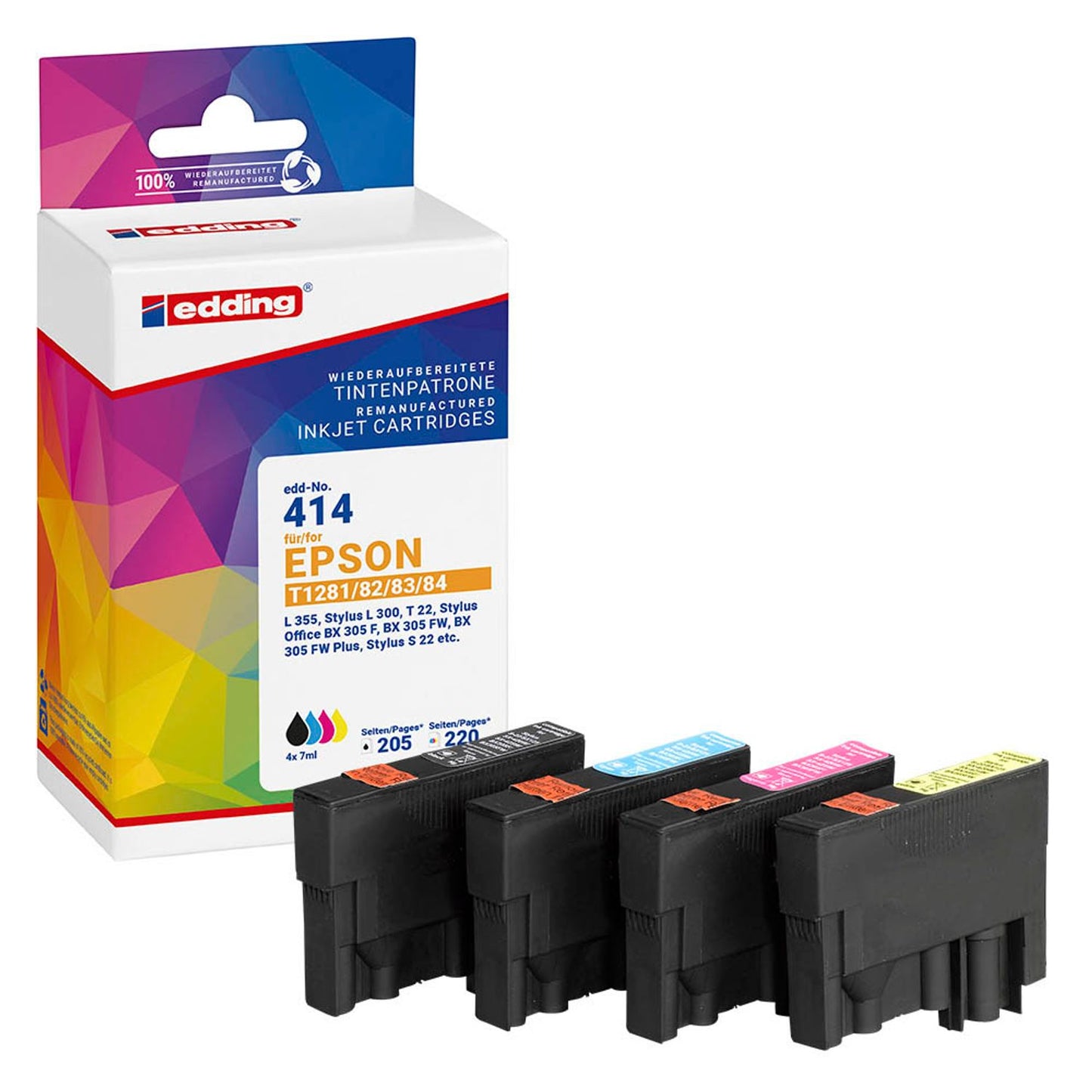 edding EDD-414 schwarz, cyan, magenta, gelb Druckerpatronen kompatibel zu EPSON T1285M, 4er-Set | 18-414/18-414-01 | 1 Pack = 4 St.