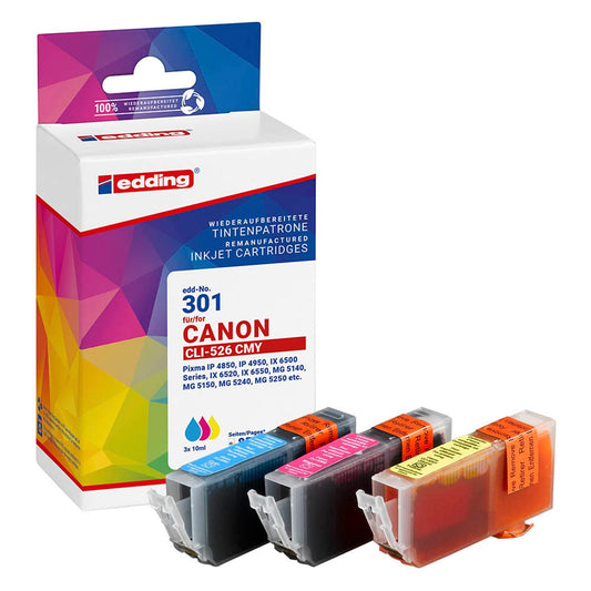 edding EDD-301 cyan, magenta, gelb Druckerpatronen kompatibel zu Canon CLI-526 C/M/Y, 3er-Set | 18-301/18-301-01 | 1 Pack = 3 St.