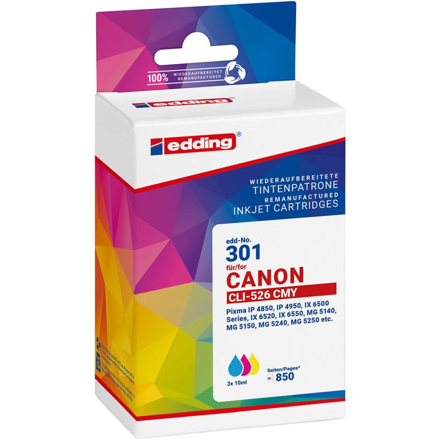 edding EDD-301 cyan, magenta, gelb Druckerpatronen kompatibel zu Canon CLI-526 C/M/Y, 3er-Set | 18-301/18-301-01 | 1 Pack = 3 St.
