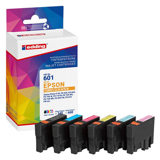 edding EDD-601 schwarz, cyan, magenta, gelb, light cyan, light magenta Druckerpatronen kompatibel zu EPSON T0807, 6er-Set | 18-601/18-601-01 | 1 Pack = 6 St.