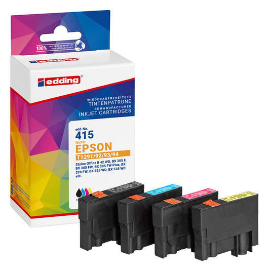 edding EDD-415 schwarz, cyan, magenta, gelb Druckerpatronen kompatibel zu EPSON T1295L, 4er-Set | 18-415/18-415-01 | 1 Pack = 4 St.