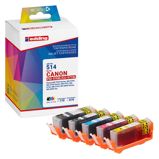 edding EDD-514 schwarz, cyan, magenta, gelb Druckerpatronen kompatibel zu Canon PGI-570XL/CLI-571XL BK/C/M/Y, 5er-Set | 18-514/18-514-01 | 1 Pack = 5 St.