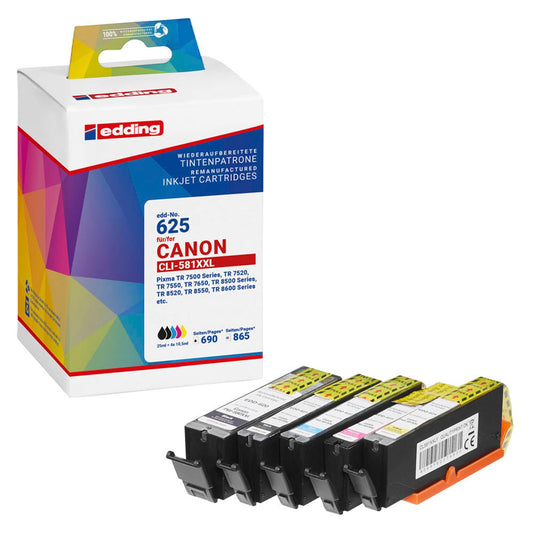 edding EDD-625 2x schwarz, cyan, magenta, gelb Druckerpatronen kompatibel zu Canon PGI-580XXL BK, CLI-581XXL BK/C/M/Y, 5er-Set | 18-625 | 1 Pack = 5 St.