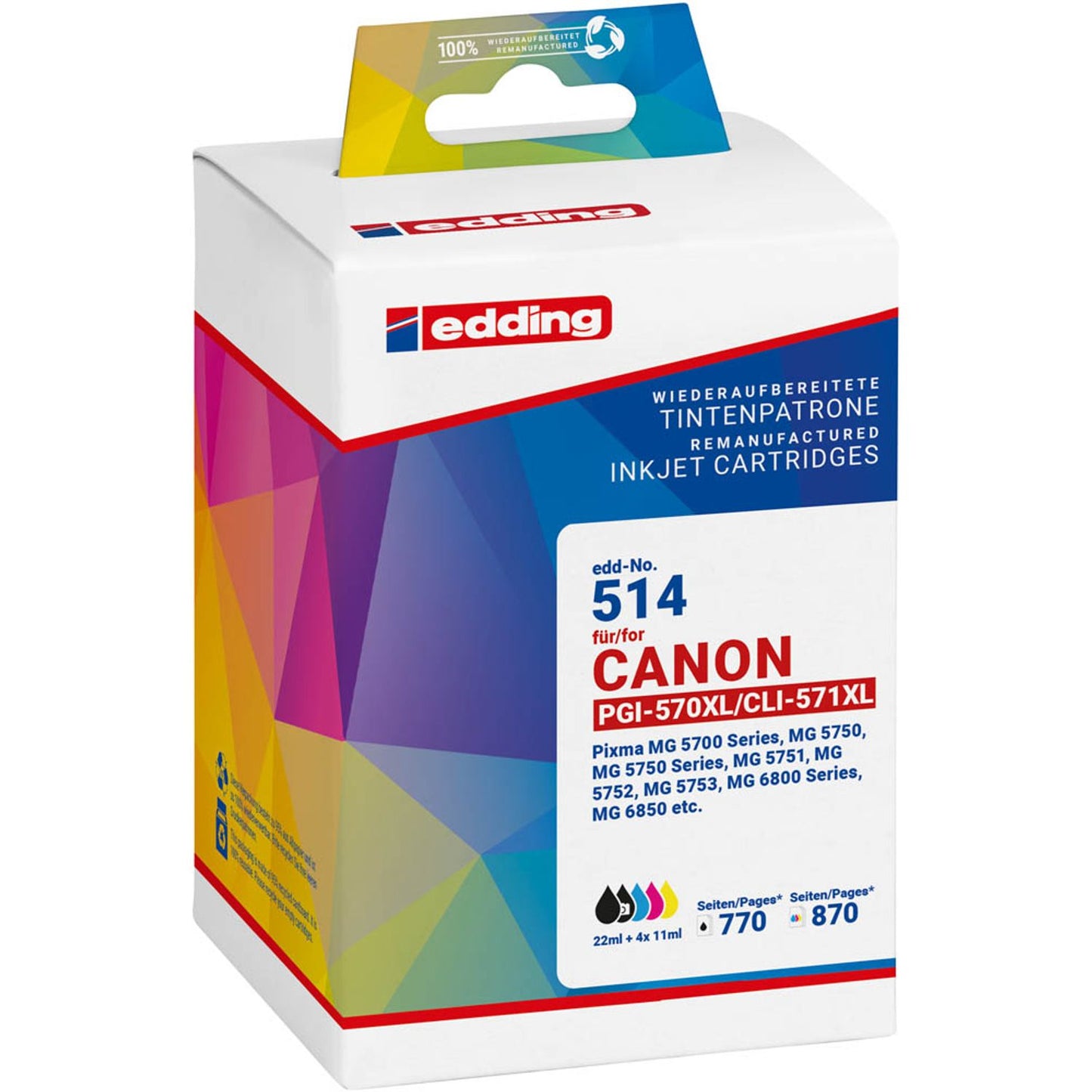 edding EDD-514 schwarz, cyan, magenta, gelb Druckerpatronen kompatibel zu Canon PGI-570XL/CLI-571XL BK/C/M/Y, 5er-Set | 18-514/18-514-01 | 1 Pack = 5 St.