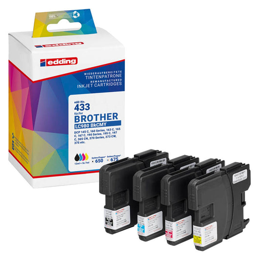 edding EDD-433 schwarz, cyan, magenta, gelb Druckerpatronen kompatibel zu brother LC-980BK/C/M/Y, 4er-Set | 18-433 | 1 Pack = 4 St.
