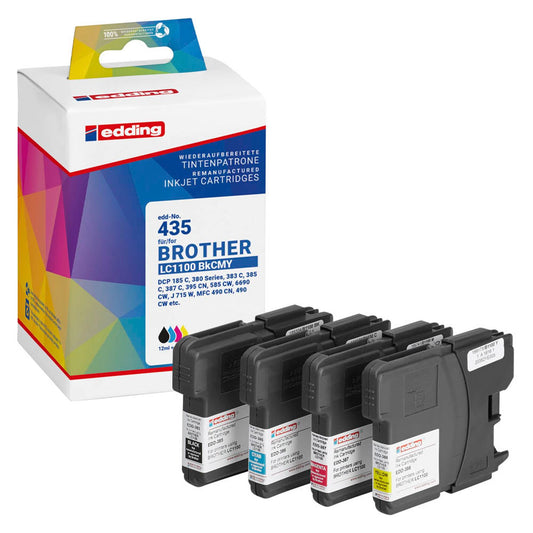 edding EDD-435 schwarz, cyan, magenta, gelb Druckerpatronen kompatibel zu brother LC-1100BK/C/M/Y, 4er-Set | 18-435 | 1 Pack = 4 St.