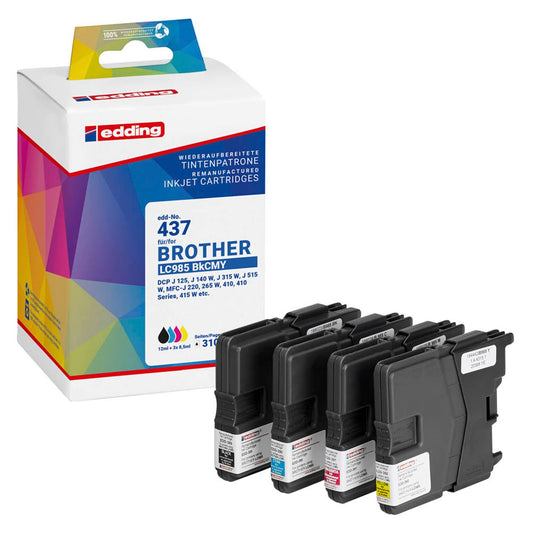edding EDD-437 schwarz, cyan, magenta, gelb Druckerpatronen kompatibel zu brother LC-985BK/C/M/Y, 4er-Set | 18-437 | 1 Pack = 4 St.