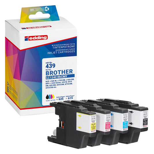 edding EDD-439 schwarz, cyan, magenta, gelb Druckerpatronen kompatibel zu brother LC-1240BK/C/M/Y, 4er-Set | 18-439 | 1 Pack = 4 St.