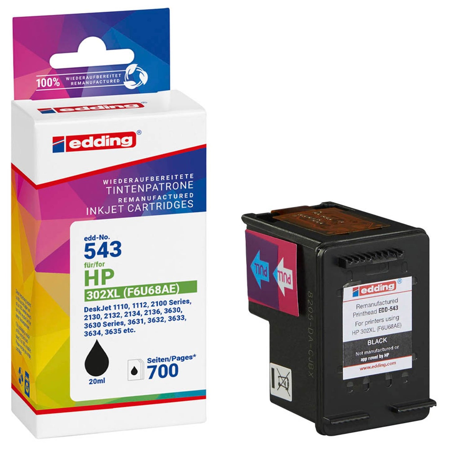 edding EDD-543 schwarz Druckerpatrone kompatibel zu HP 302XL (F6U68AE) | 18-543