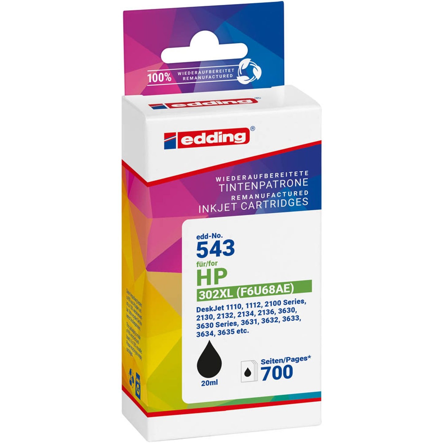 edding EDD-543 schwarz Druckerpatrone kompatibel zu HP 302XL (F6U68AE) | 18-543