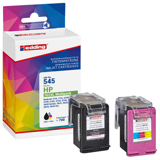 edding EDD-545 schwarz, color Druckerpatronen kompatibel zu HP 302XL (F6U67AE), 2er-Set | 18-545 | 1 Pack = 2 St.