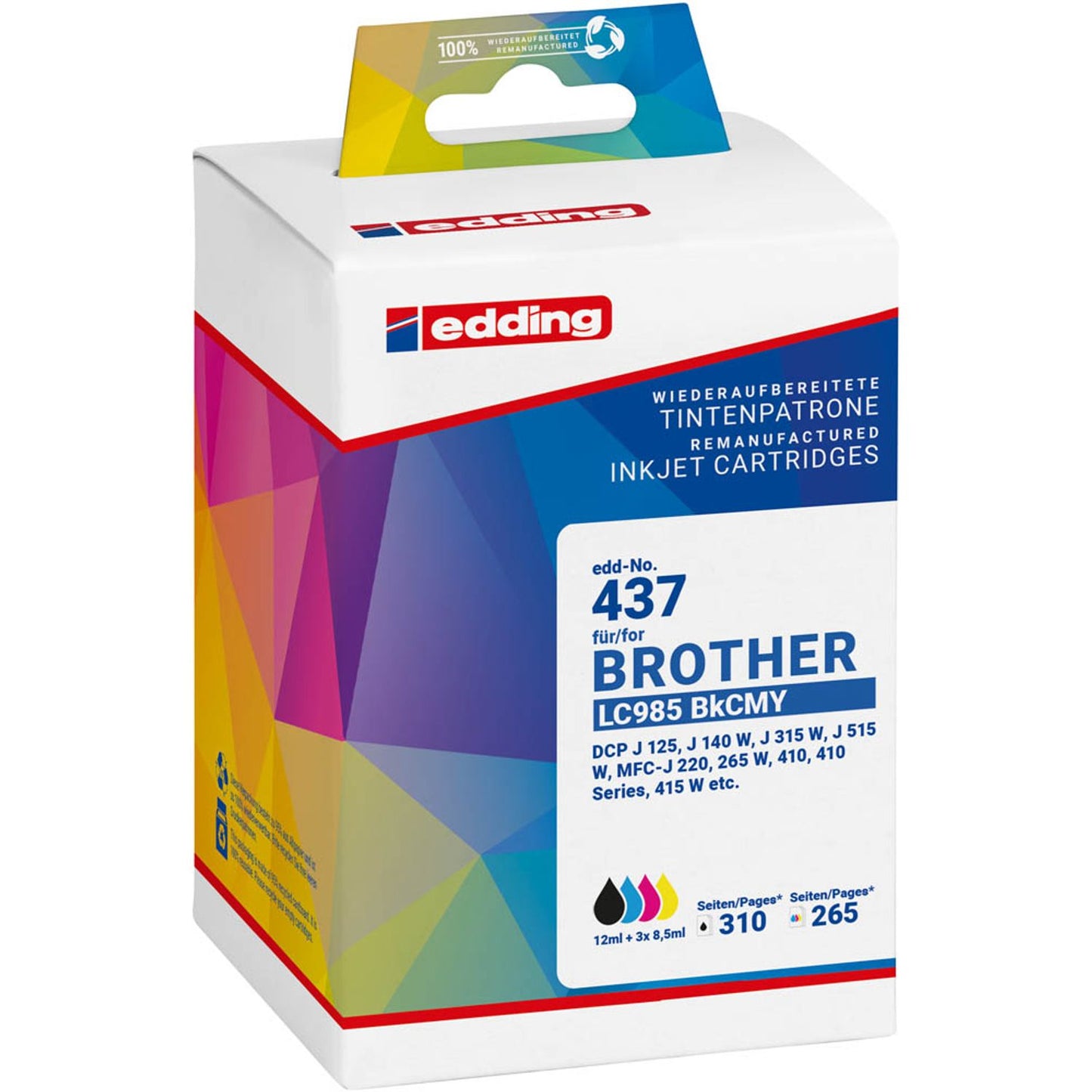 edding EDD-437 schwarz, cyan, magenta, gelb Druckerpatronen kompatibel zu brother LC-985BK/C/M/Y, 4er-Set | 18-437 | 1 Pack = 4 St.