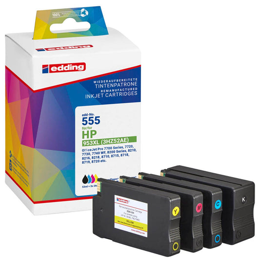 edding EDD-555 schwarz, cyan, magenta, gelb Druckerpatronen kompatibel zu HP 953XL (3HZ52AE), 4er-Set | 18-555 | 1 Pack = 4 St.