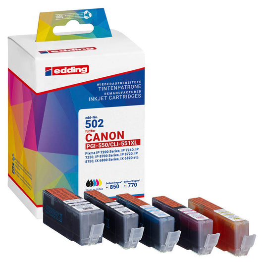 edding EDD-502 schwarz, cyan, magenta, gelb Druckerpatronen kompatibel zu Canon PGI-550 XL BK, CLI-551 XL BK/C/M/Y, 5er-Set | 18-502/18-502-01 | 1 Pack = 5 St.