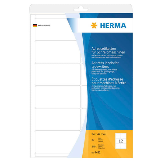 HERMA Adressetiketten weiß 94,0 x 47,0 mm | 4432 | 1 Pack = 20 Blatt
