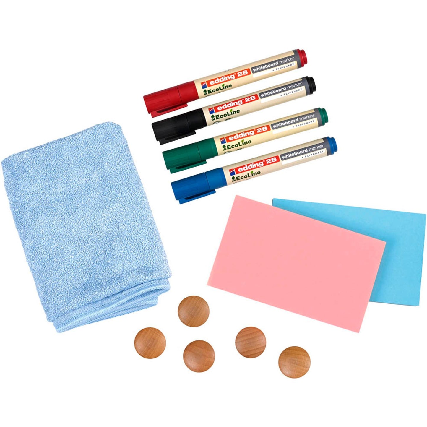 PLAYROOM Moderationszubehör GECKO Workshop Set 4x edding 28 EcoLine Whiteboardmarker: 1x schwarz, 1x rot, 1x blau und 1x grün, 5x Legamaster WOODEN Magnet 25mm, 1x Legamaster Mikrofasertuch 40x40cm, 2x Haftnotizen, 2x Moderationsklebepunkte | 868860000