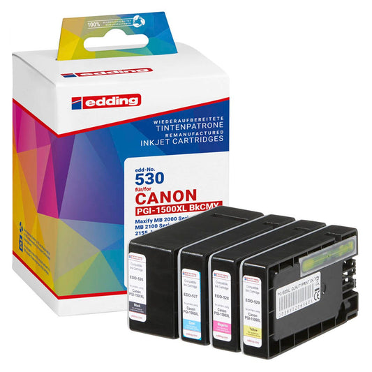 edding EDD-530 schwarz, cyan, magenta, gelb Druckerpatronen kompatibel zu Canon PGI-1500 XL BK/C/M/Y, 4er-Set | 18-530 | 1 Pack = 4 St.