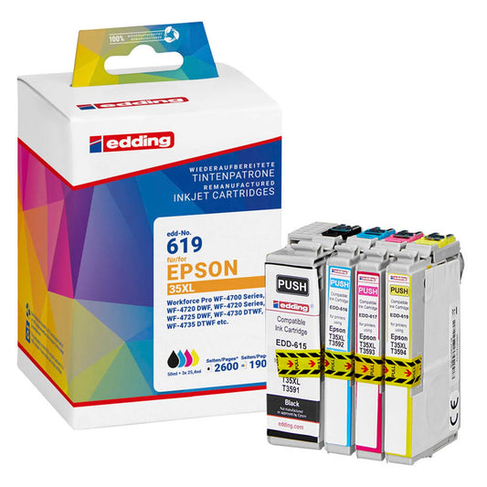 edding EDD-619 schwarz, cyan, magenta, gelb Druckerpatronen kompatibel zu EPSON 35XL / T3596XL, 4er-Set | 18-619/18-619-01 | 1 Pack = 4 St.