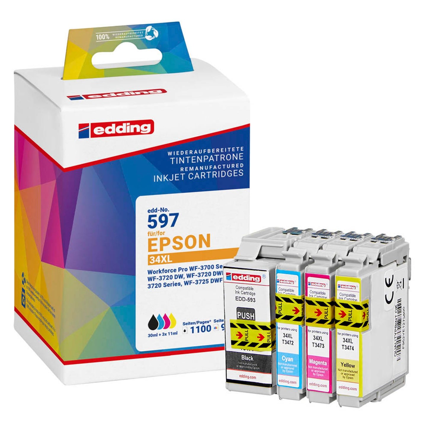 edding EDD-597 schwarz, cyan, magenta, gelb Druckerpatronen kompatibel zu EPSON 34XL / T3476XL, 4er-Set | 18-597/18-597-01 | 1 Pack = 4 St.