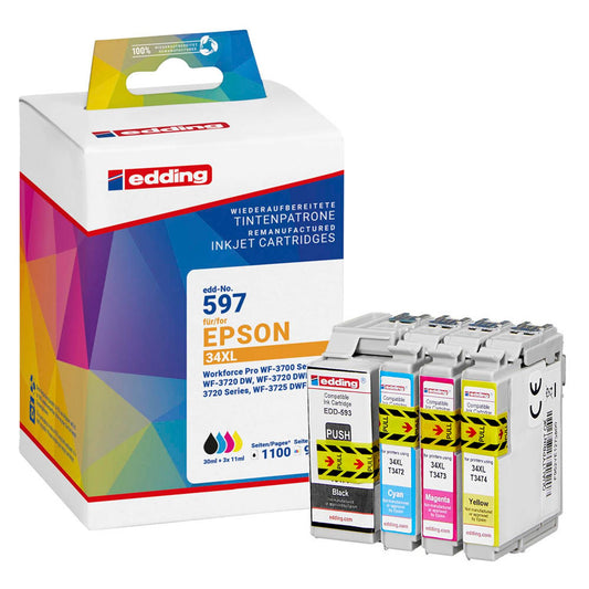edding EDD-597 schwarz, cyan, magenta, gelb Druckerpatronen kompatibel zu EPSON 34XL / T3476XL, 4er-Set | 18-597/18-597-01 | 1 Pack = 4 St.