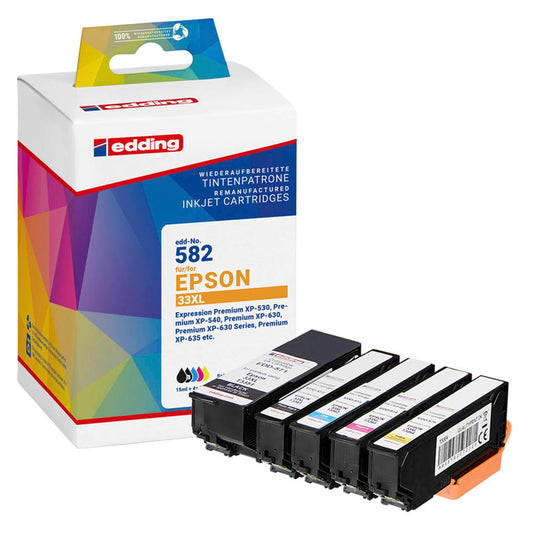 edding EDD-582 schwarz, cyan, magenta, gelb, Foto schwarz Druckerpatronen kompatibel zu EPSON 33XL / T3357XL, 5er-Set | 18-582 | 1 Pack = 5 St.
